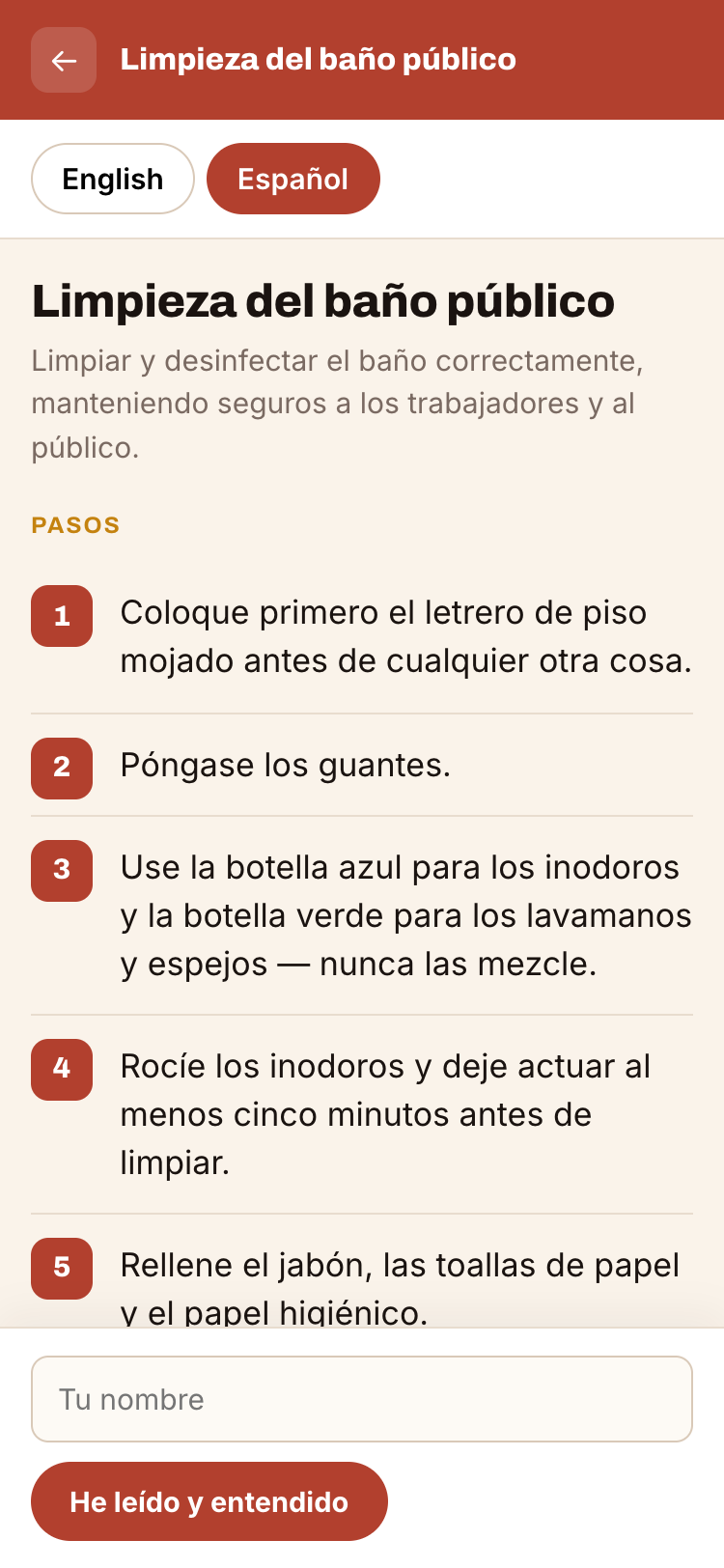 The same routine on a phone, in Spanish, with “read and understood” at the bottom